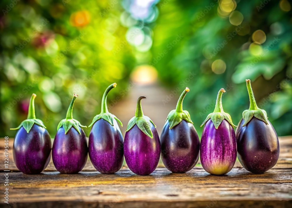 Aufkleber mini eggplants in a row on rustic wooden table - bokeh background stock photo