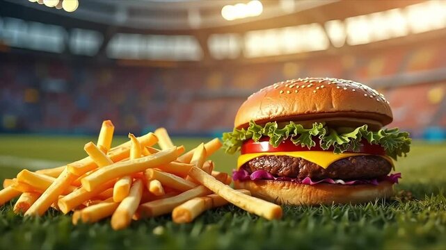 Cheeseburger with fries on grass in a stadium setting, with blurred audience and lights in the background