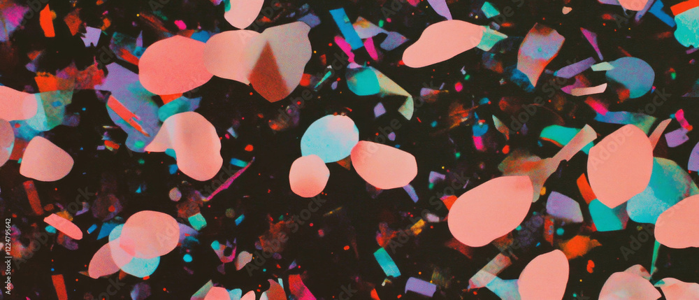 Poster colorful confetti overlay on a black background with smooth gradient transitions