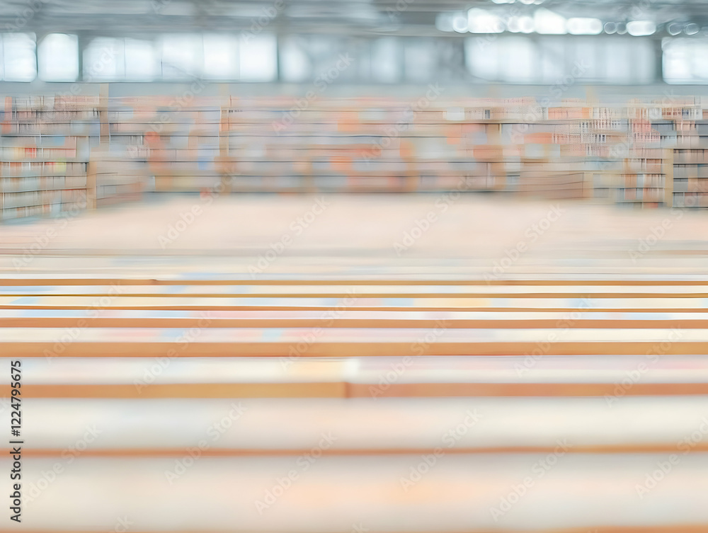 Poster blurred bookshelves in a library create an abstract background with soft colors and motion blur.