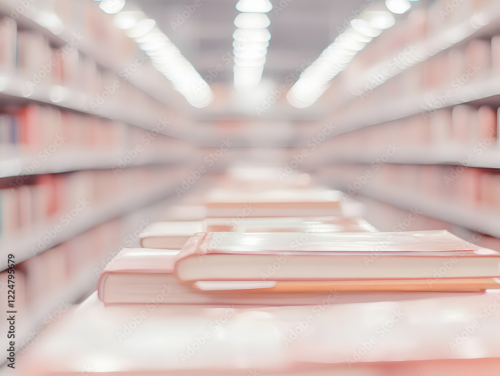Poster blurred books stacked on table in library aisle with soft lighting creates dreamlike atmosphere