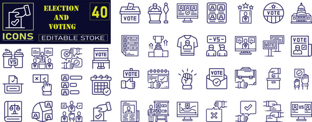 Set of 40 outline icons related to Election and voting