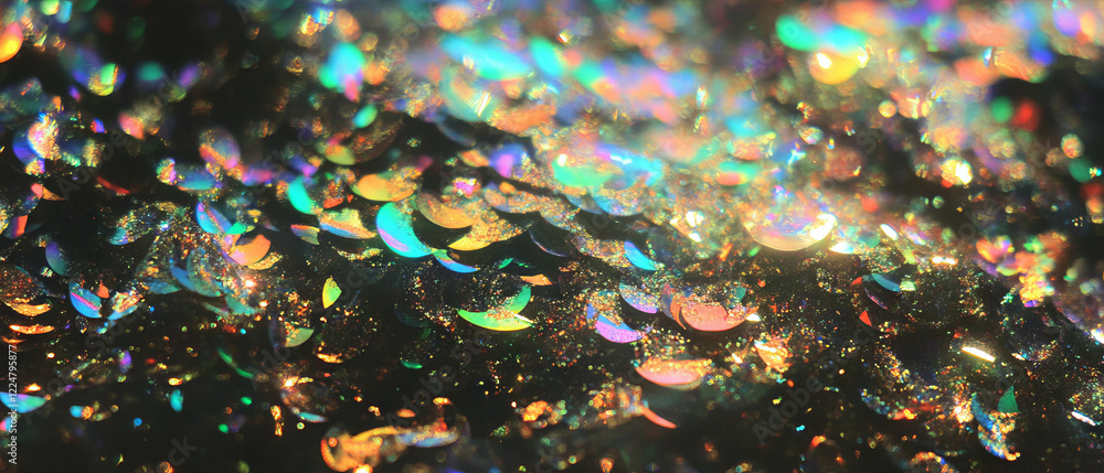 Aufkleber confetti overlay texture with holographic effect and iridescent shimmer on black background