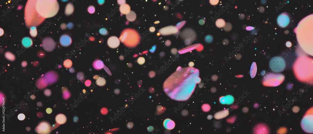 Poster colorful confetti particles floating in a dark background with shiny gold accents