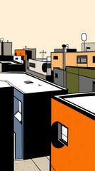 A complex representation of city buildings in bold colors and geometric shapes, emphasizing the dynamic nature of urban life and the essence of contemporary aesthetics.