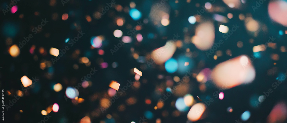 Poster Bright confetti overlay with light trails and motion blur set against a dark background