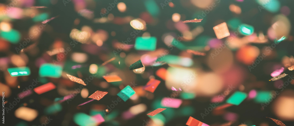 Poster colorful confetti overlay texture with macro details on a black background