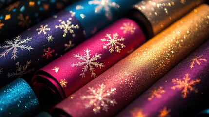 Fototapeta premium Christmas paper design featuring glowing and glittering snowflakes in vibrant seasonal colors.