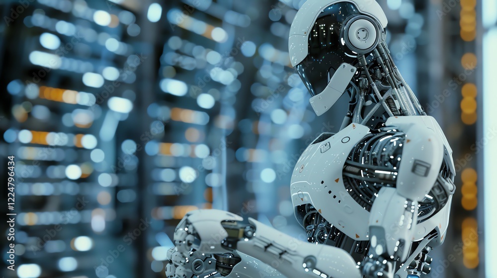 Poster a humanoid robot in a data center.