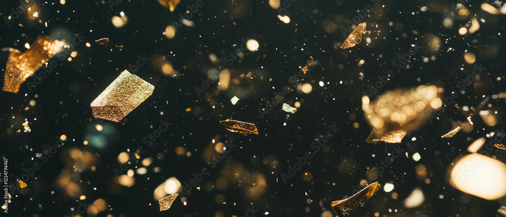 Poster confetti with metallic sheen floating elegantly against a dark backdrop