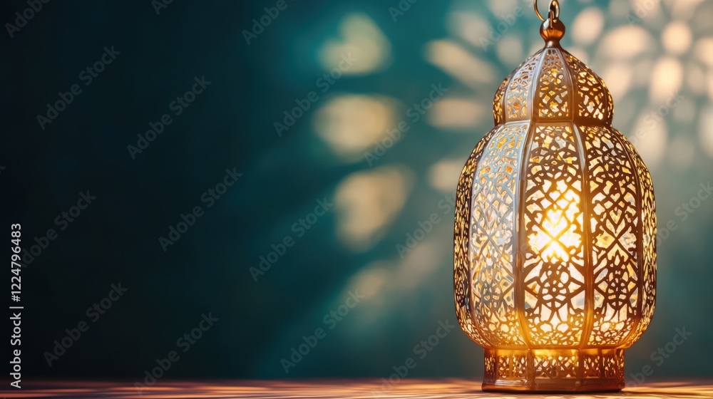 Poster intricately designed lantern casting warm light with beautiful patterns against a soft blue backgrou
