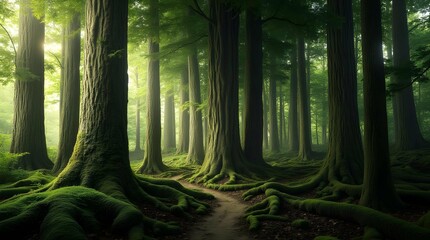 A mystical forest scene with tall trees, sunlight filtering through the foliage, and a winding path covered in moss-covered roots