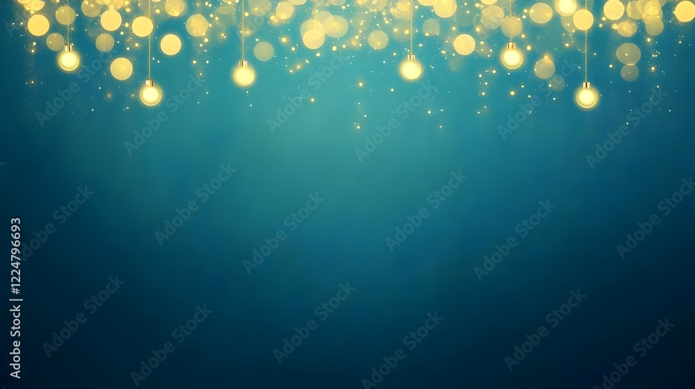Aufkleber glowing string lights and bokeh effect illuminate teal blue abstract background elegantly