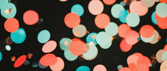 Colorful confetti texture with paper overlay on a dark background brings festive ambiance