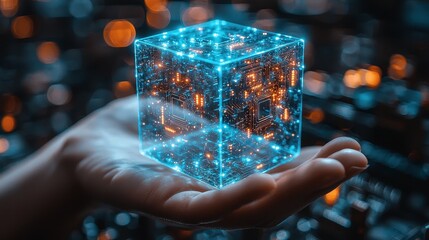 Hand Holding Futuristic Transparent Cube with Circuit Board Design - Innovation and Technology