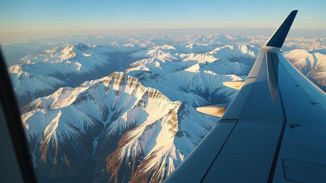 Aerial View of Snow-Capped Mountain Range from Airplane Wing, Winter Travel Photography PC, Laptop Wallpaper - Powered by Adobe