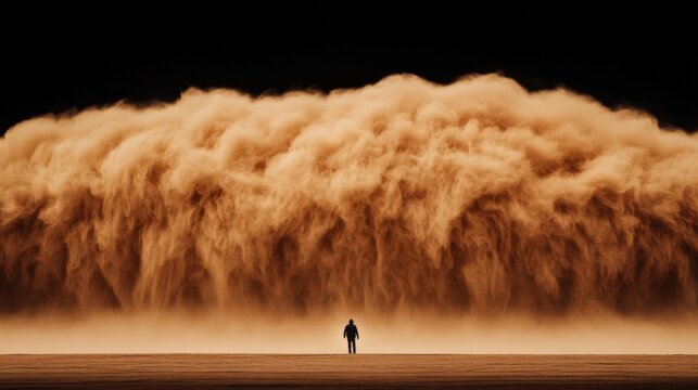 A lone figure stands at the edge of an enormous, swirling sandstorm, capturing the raw power of nature and the awe-inspiring beauty of the desert landscape during twilight.