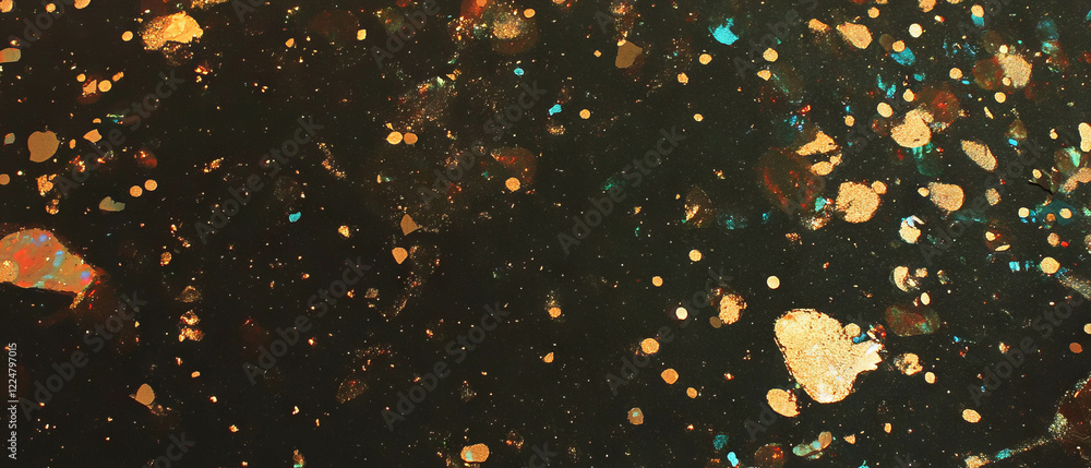 Poster golden confetti overlay texture with sharp focus on a black background for vibrant designs