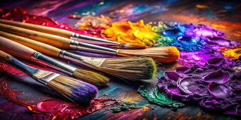 Enthralling low-light photography: vibrant purple backdrop, paintbrushes, palettes, artistic masterpiece.