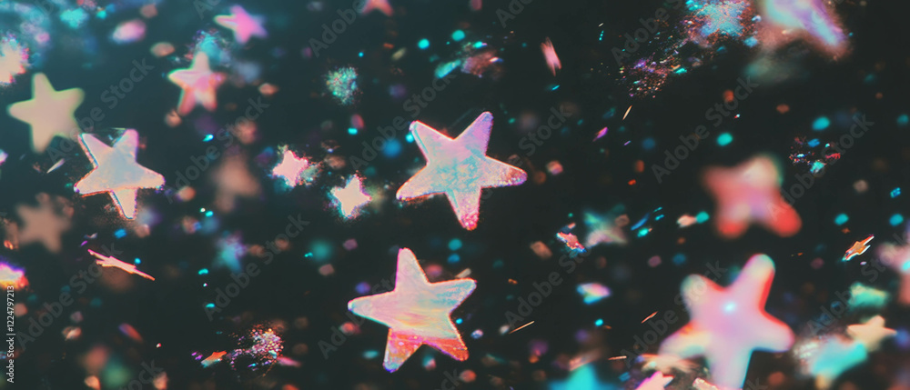 Poster Colorful confetti stars create a celestial overlay texture on a dark background