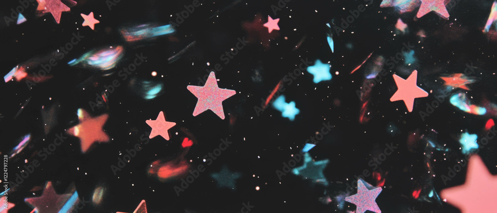 Poster colorful confetti overlay with star shapes creates a celestial atmosphere on a dark background