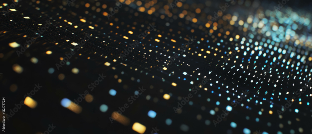 Poster Confetti overlay texture with square shapes and geometric golden pattern on black background