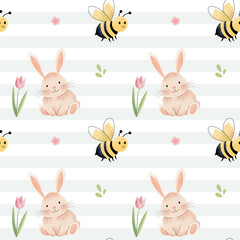 Seamless pattern with cute bunny and bee. Hand drawn spring background. Meadow.