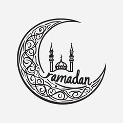 Black and White Islamic holiday greeting card with mosque on white background