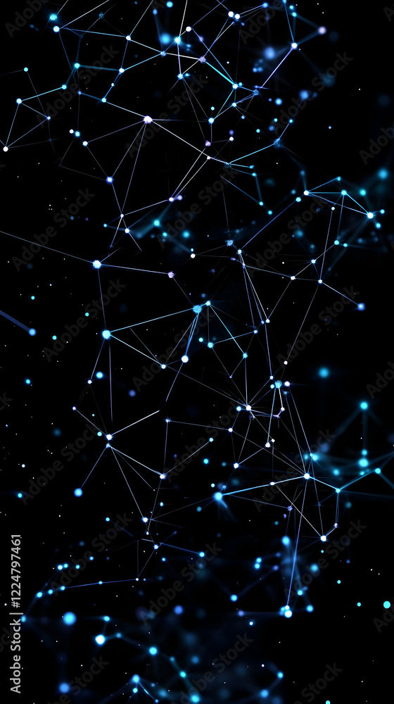 Poster abstract network of blue glowing nodes and lines connects across a dark background