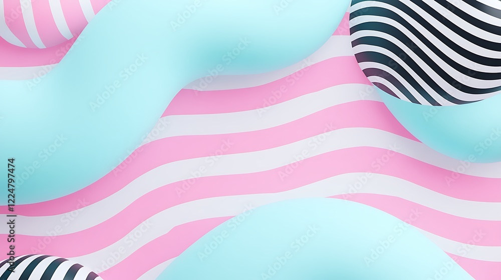 Poster abstract background with soft curves and geometric shapes in pastel colors and striped pattern