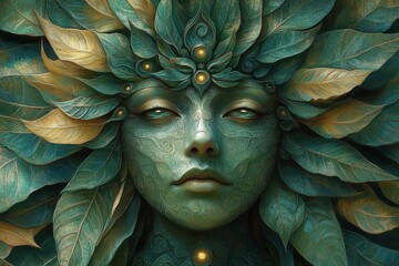 Mystical Green Goddess with Intricate Leaf Crown, Digital Art