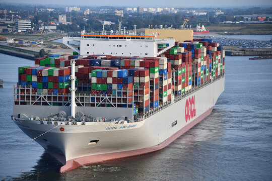 Hamburg, Germany - September 17, 2024: Container ship OOCL Abu Dhabi in Hamburg - The Orient Overseas Container Line is a container shipping and logistics service company