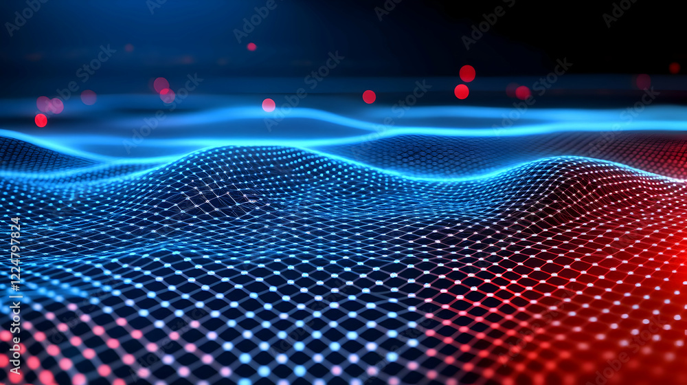 Poster abstract 3d mesh grid waves flowing smoothly with red and blue lights