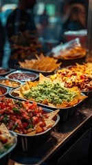 Vibrant nachos with guacamole and salsa at a busy eatery