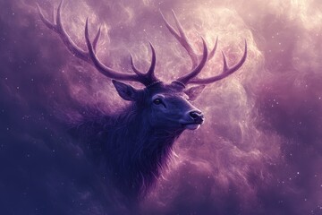 Naklejka premium Majestic Purple Stag in Cosmic Nebula Mystical Fantasy Art