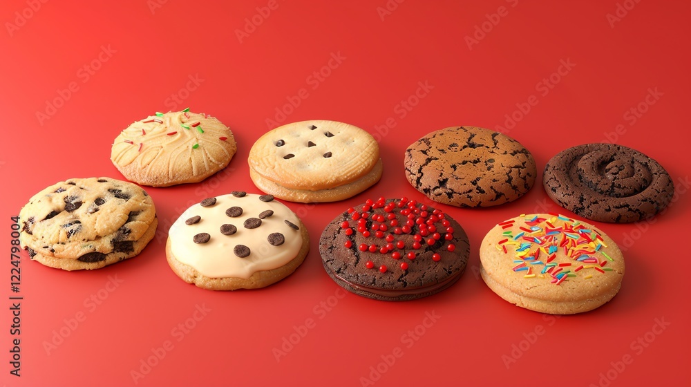 Aufkleber a row of various cookies on a red background.