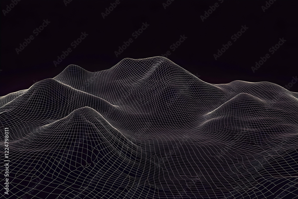 Poster 3D Wireframe Landscape Forms a Digital Terrain on a Dark Background, Creating a Futuristic Visualization
