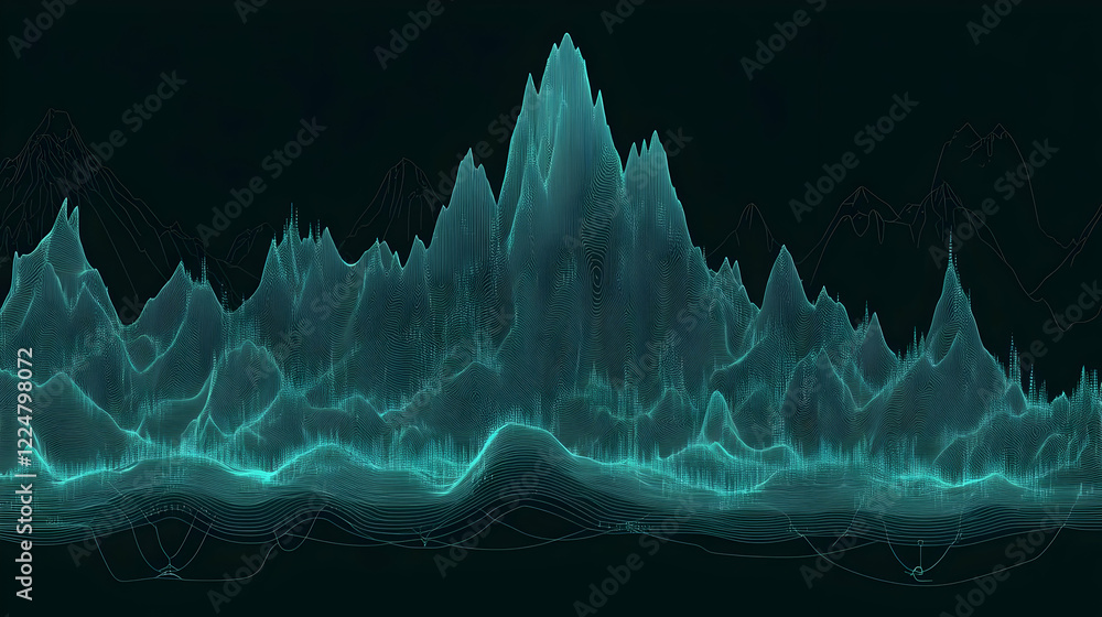 Aufkleber abstract 3d landscape forms a digital terrain with glowing lines and particles on dark background