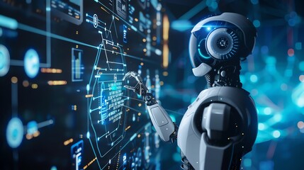 A futuristic robot interacts with a glowing digital interface.
