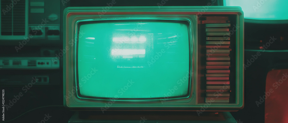 Poster vintage crt screen overlay with green monochrome display on a dark background