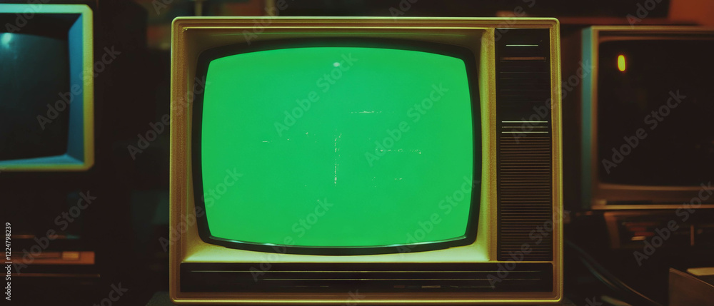 Poster Vintage computer look with green monochrome display and CRT screen texture on a dark background