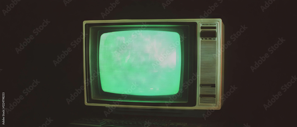 Poster vintage computer display with green monochrome texture and crt screen effect