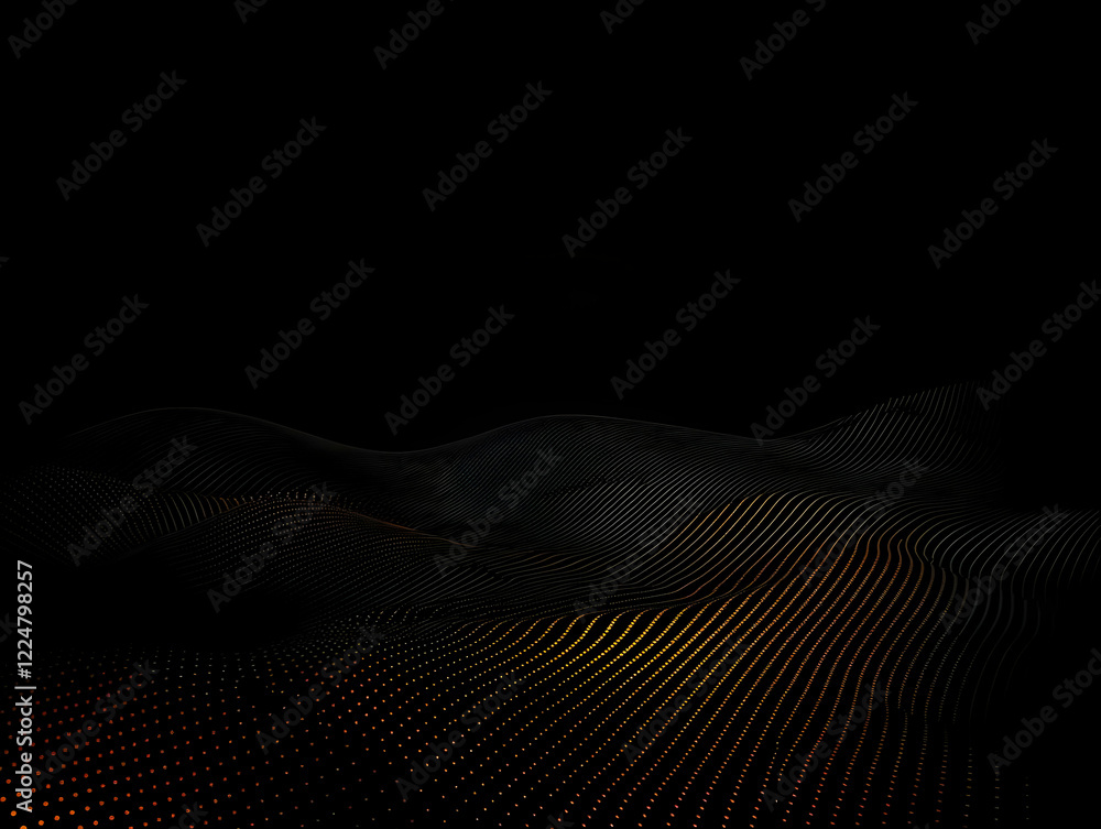 Poster abstract 3d landscape forms with glowing dots and elegant lines smoothly on dark background.