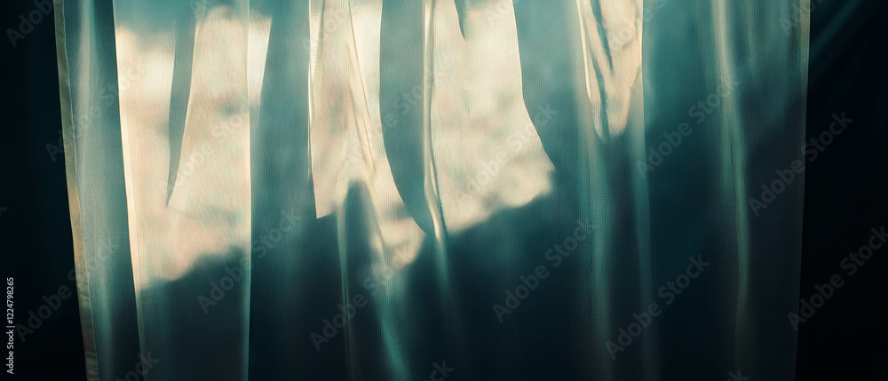 Poster Soft curtain shadows create a wavy pattern against a dark background with gentle light