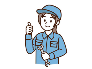 作業着の女性_スパナ_サムズアップ_ブルー