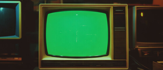 Vintage computer look with green monochrome display and CRT screen texture on a dark background