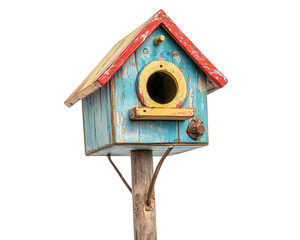 decorative birdhouse on pole, featuring whimsical design with bright colors and charming appearance, perfect for inviting birds into your garden