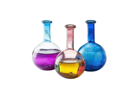 Colorful glass flasks filled with vibrant liquids displayed artistically on a reflective surface isolated on transparent background