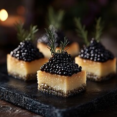 Elegant appetizers of caviar on small cakes with rosemary sprigs on a dark stone surface
