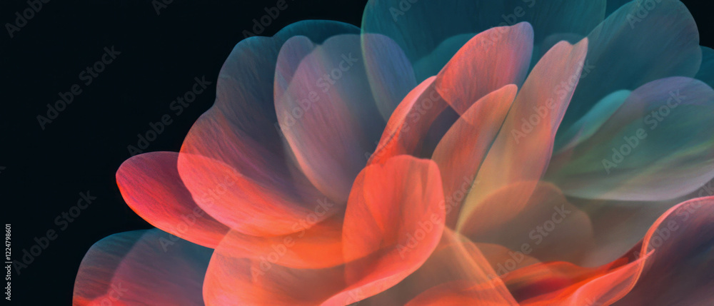 Poster brightly colored petals stand out against dark background with layered textures and contrasts